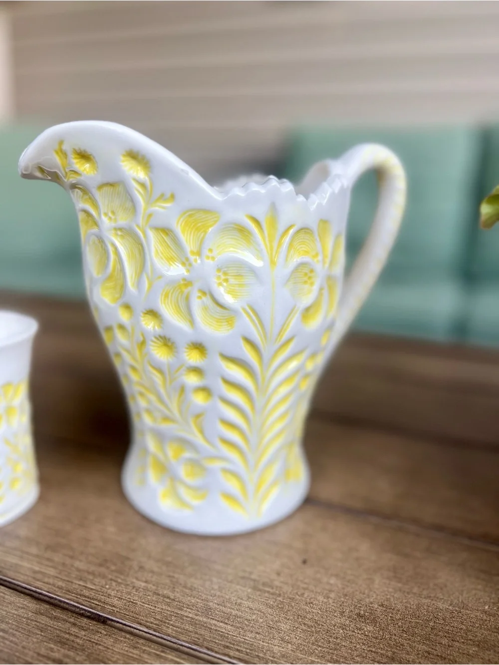 Vintage 1970s Yellow Floral Pitcher with 2 Cups | Cottagecore Decor
